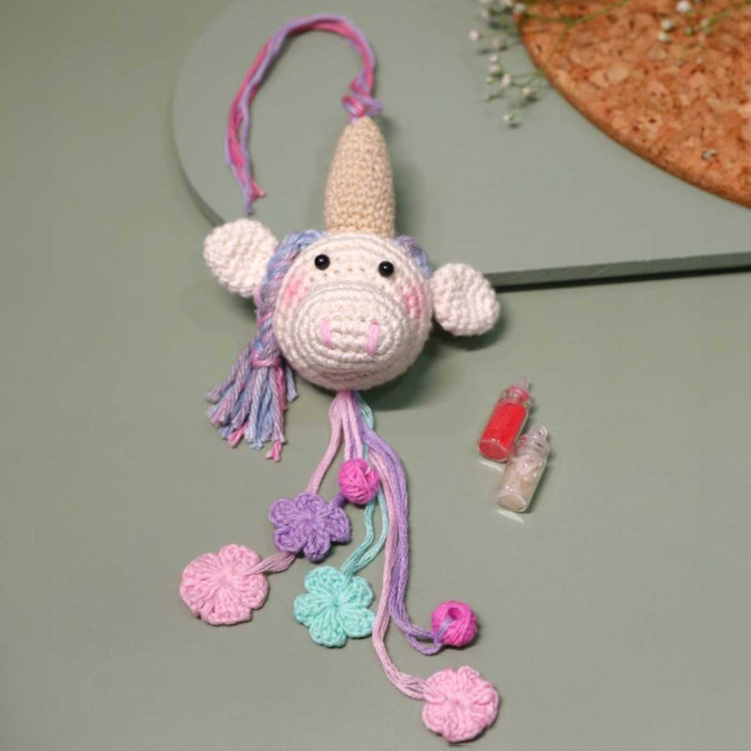 Handmade Crochet Unicorn For Girl Cotton Kids Rakhi With Roli Chawal - Top View with Accessories