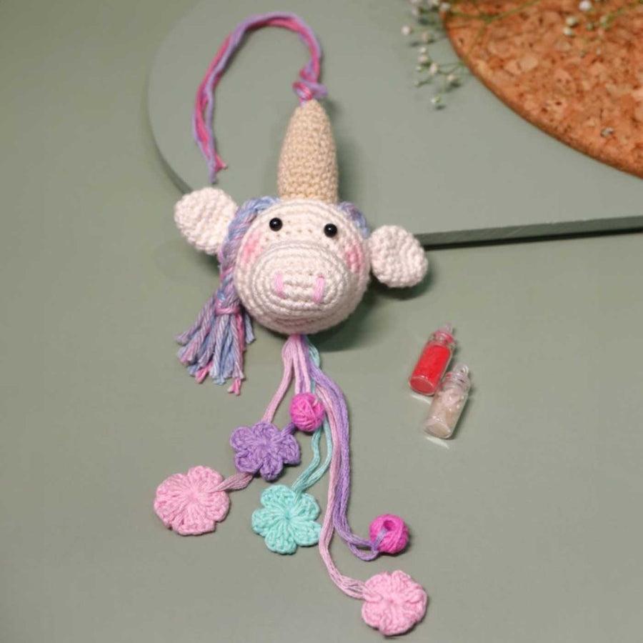 Handmade Crochet Unicorn For Girl Cotton Kids Rakhi With Roli Chawal - Top View with Accessories