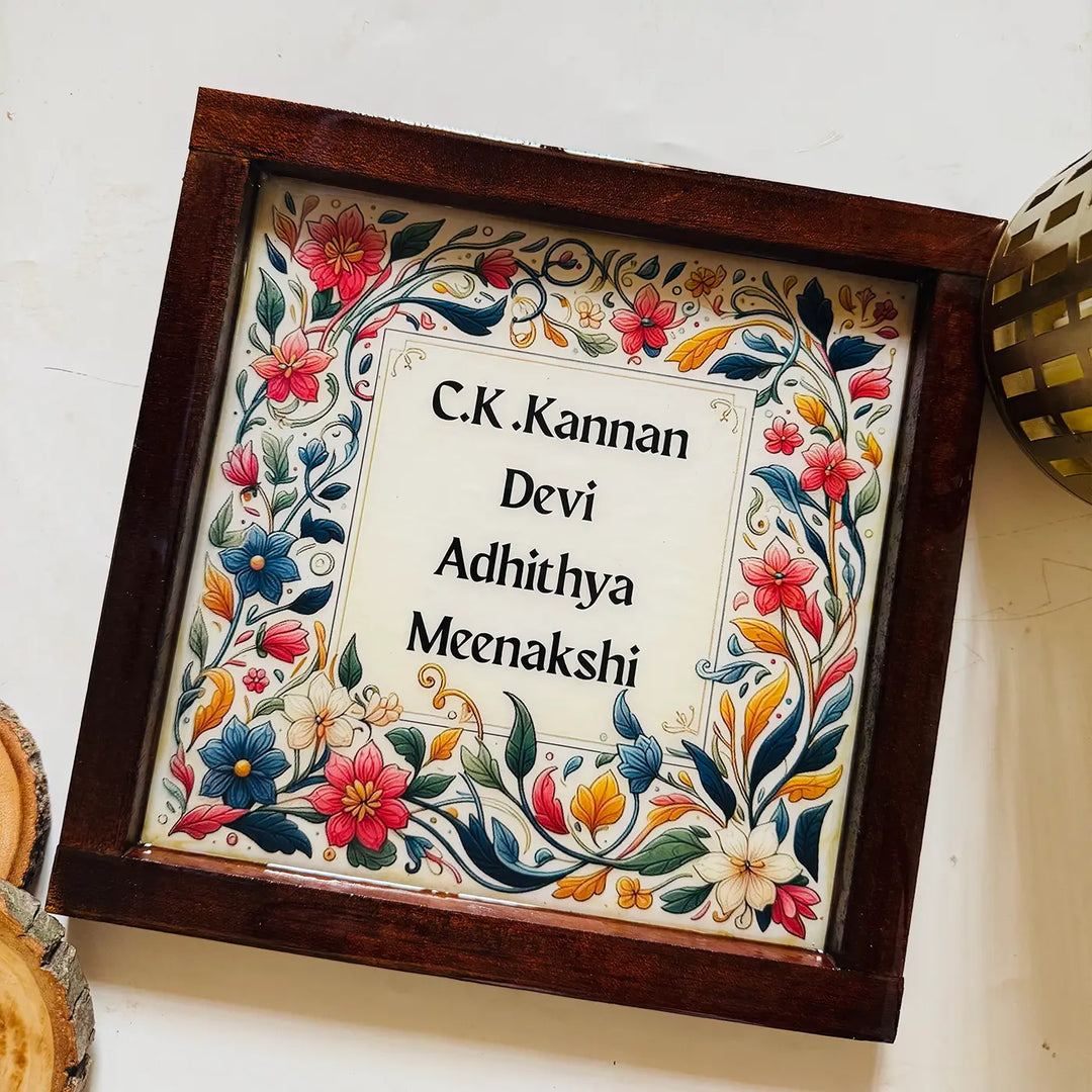 Multicolor Floral Personalized Framed Square Resin Name Plate