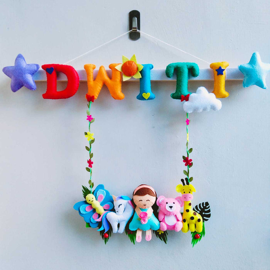Personalized Girls Jungle Theme Felt Kids Name Plate - Hanging Nursery Name Mobile Display