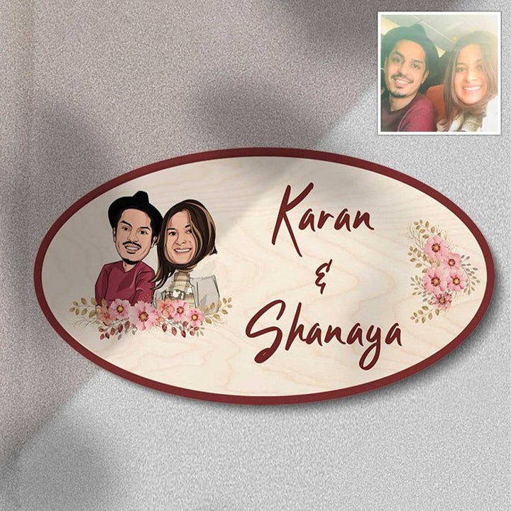 Printed Wooden Oval Character Nameplate For Couples 3 - Name Personalization with Caricature Example