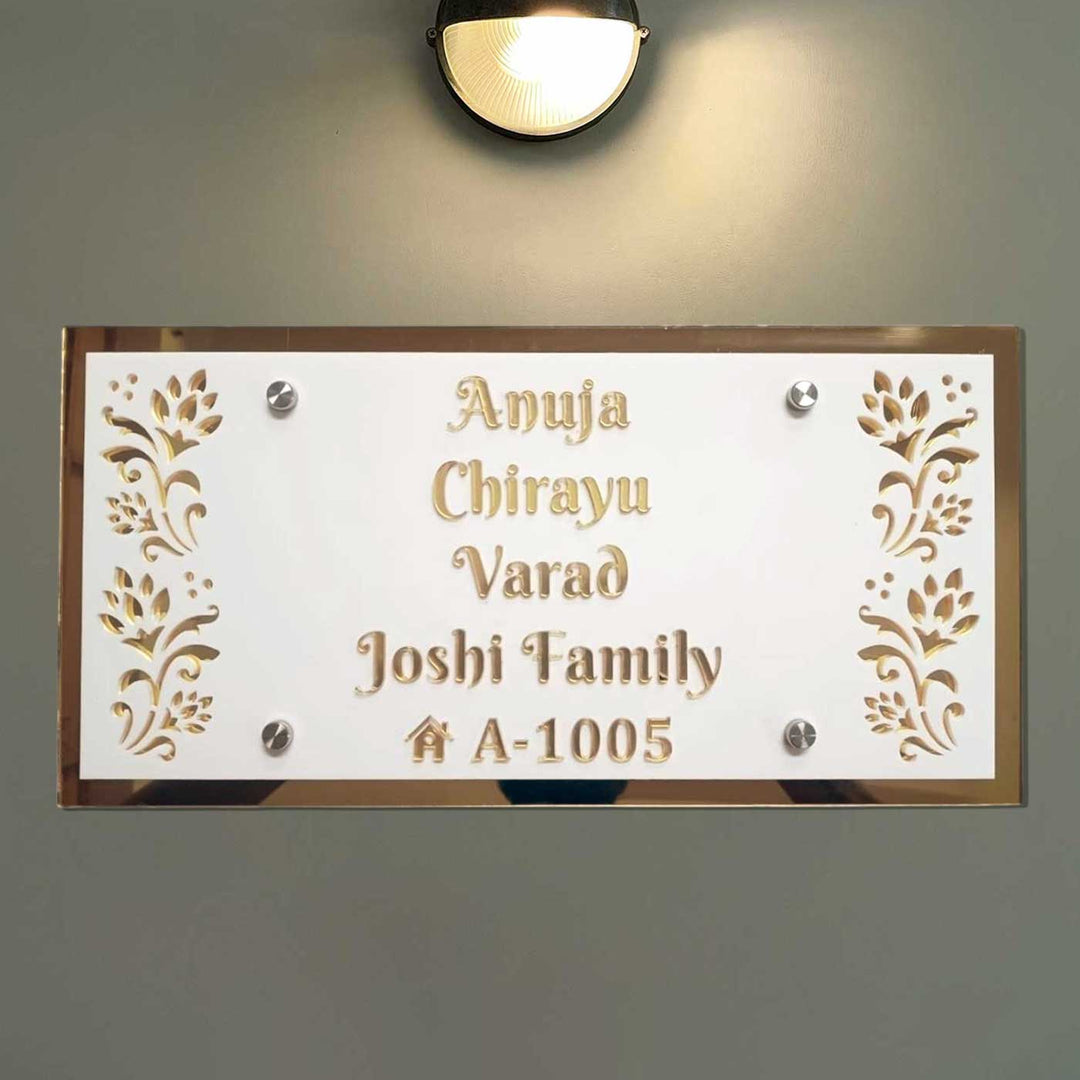 Personalized White And Gold Floral Theme Acrylic Name Plate - Mounted on Wall Close-up