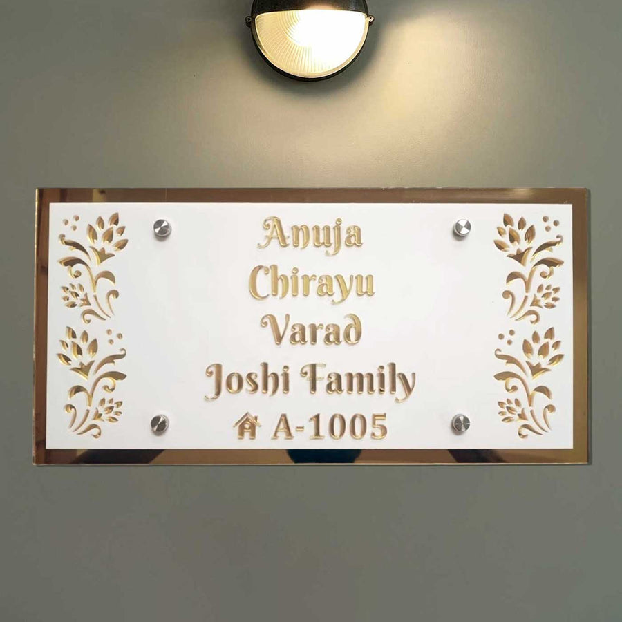 Personalized White And Gold Floral Theme Acrylic Name Plate - Mounted on Wall Close-up