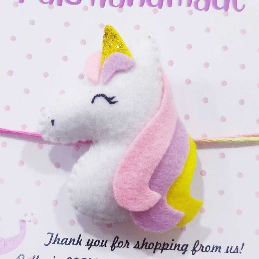 Handmade Unicorn Theme Felt Kids Rakhi With Roli Chawal - Close-up of Unicorn Bookmark