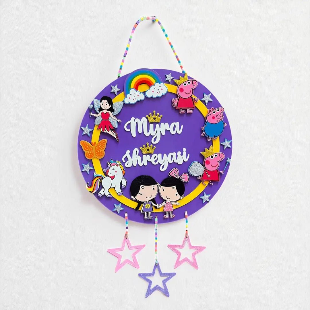 Personalized Fairy And Peppa Pig Theme MDF Wood Kids Name Plate For Sisters