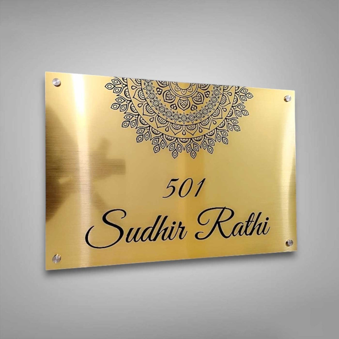Personalized Weatherproof Stylish Gold Stainless Steel Name Plate - Mounted on Wall with Screws