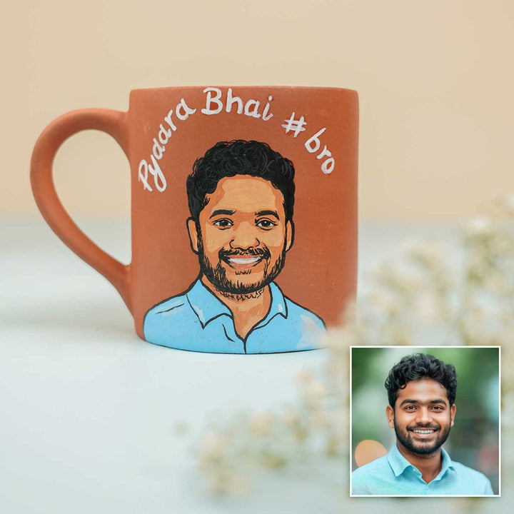 Photo Personalized Handmade Bhai And Bhabhi Theme Rakhi Hamper Includes 2 Mug 2 Rakhi - Close-up Front View with Man's Image