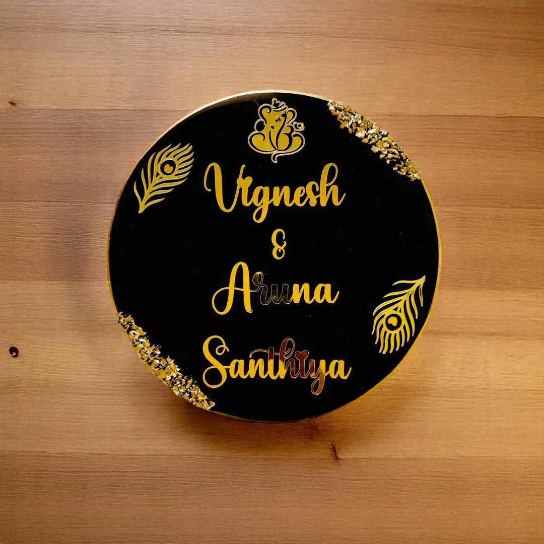 Black Feathers Personalized Round Resin Name Plate | With 3D Acrylic Letters & Gold Stone Embellishment
