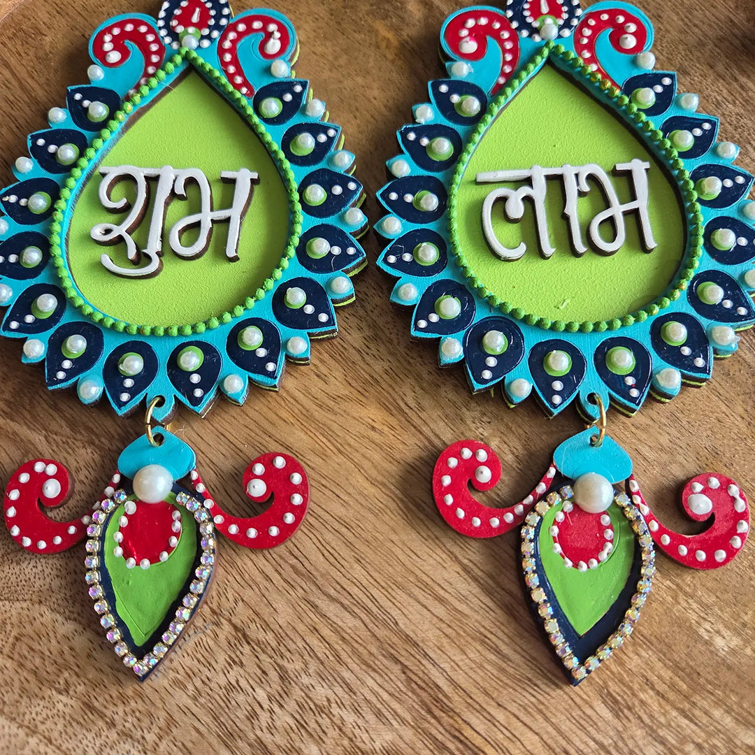 Hand-Painted Dot Art Peacock Theme MDF Wood Shubh Labh Hangings | Set Of 2