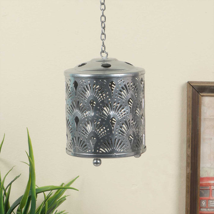 Handmade Silver Round Flower Etched Hanging Metal Tealight Holder For Festive Decor