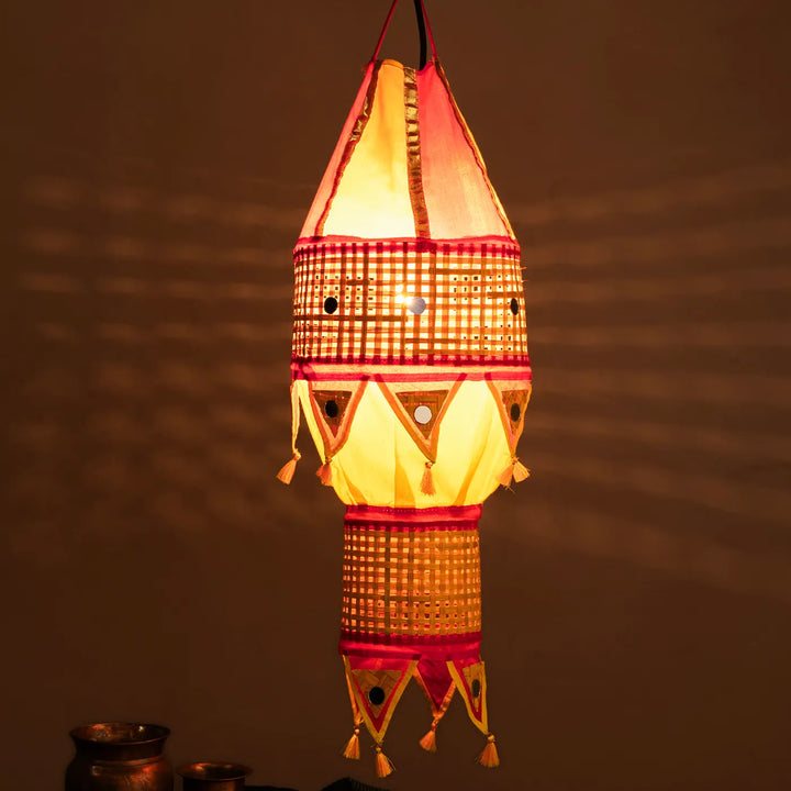 Red & Yellow  Handmade Woven Bamboo Hanging Kandil / Lampshade