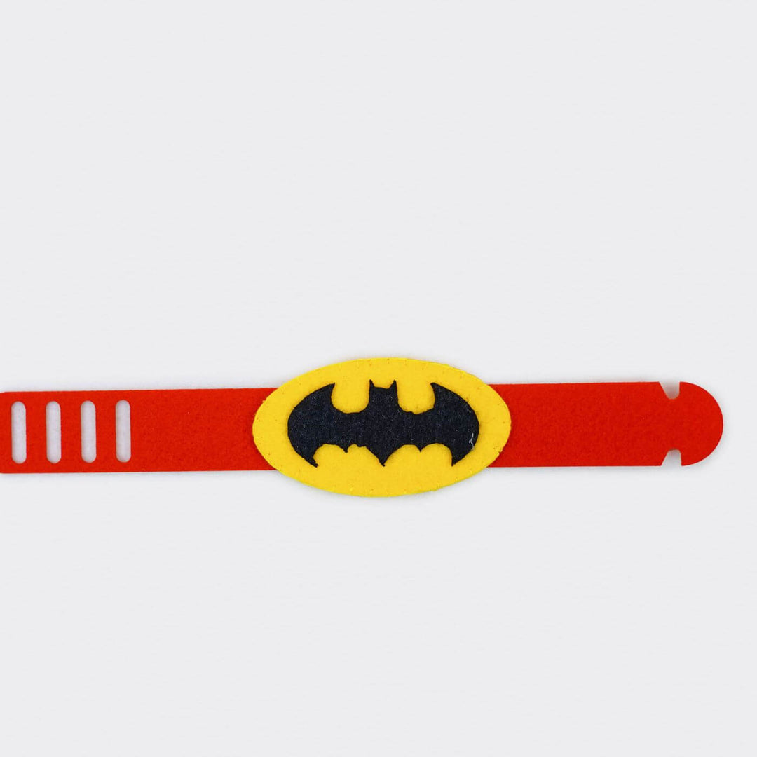 Kids Theme Felt Rakhi Band With Roli Chawal 2 - Top view of Batman bracelet
