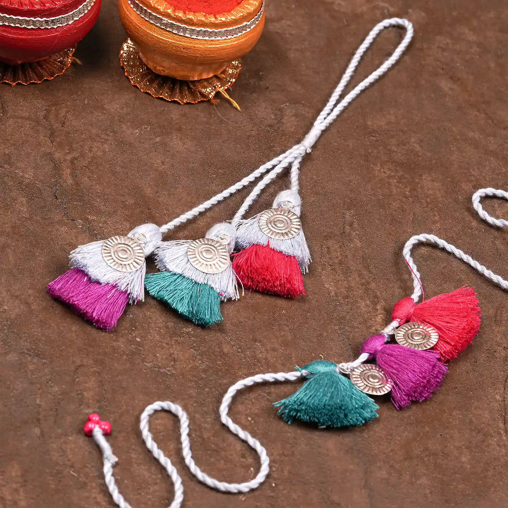 Handmade Tassel And Sikka Bhaiya Bhabhi Rakhi With Roli Chawal Set Of 2 - Tassels with decorative elements