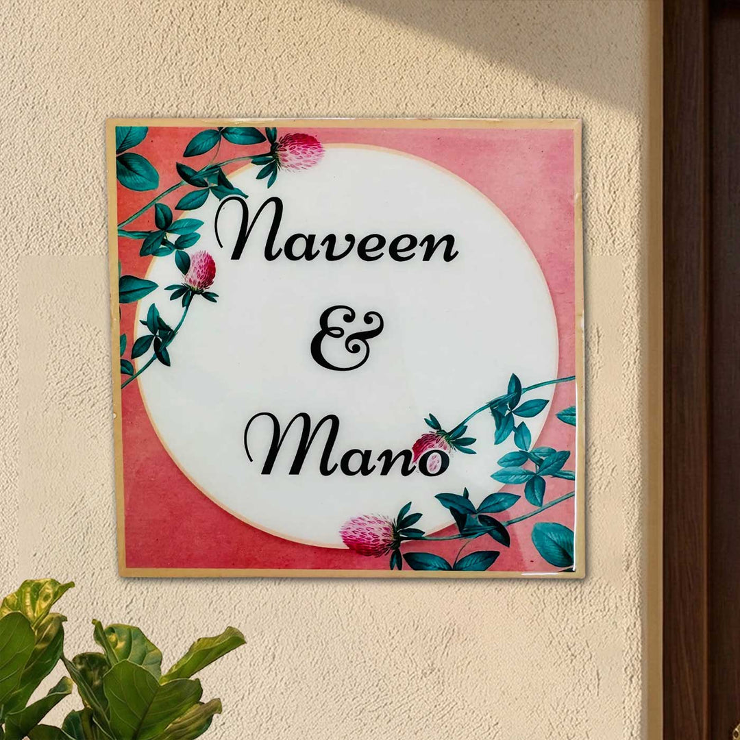 White & Peach Floral Personalized Printed Square Resin Name Plate