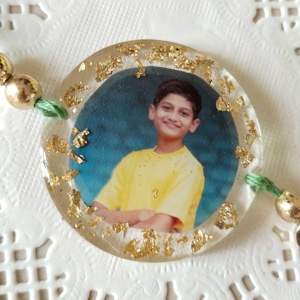Photo Personalized Round Shape Resin Rakhi - Front View Close-up