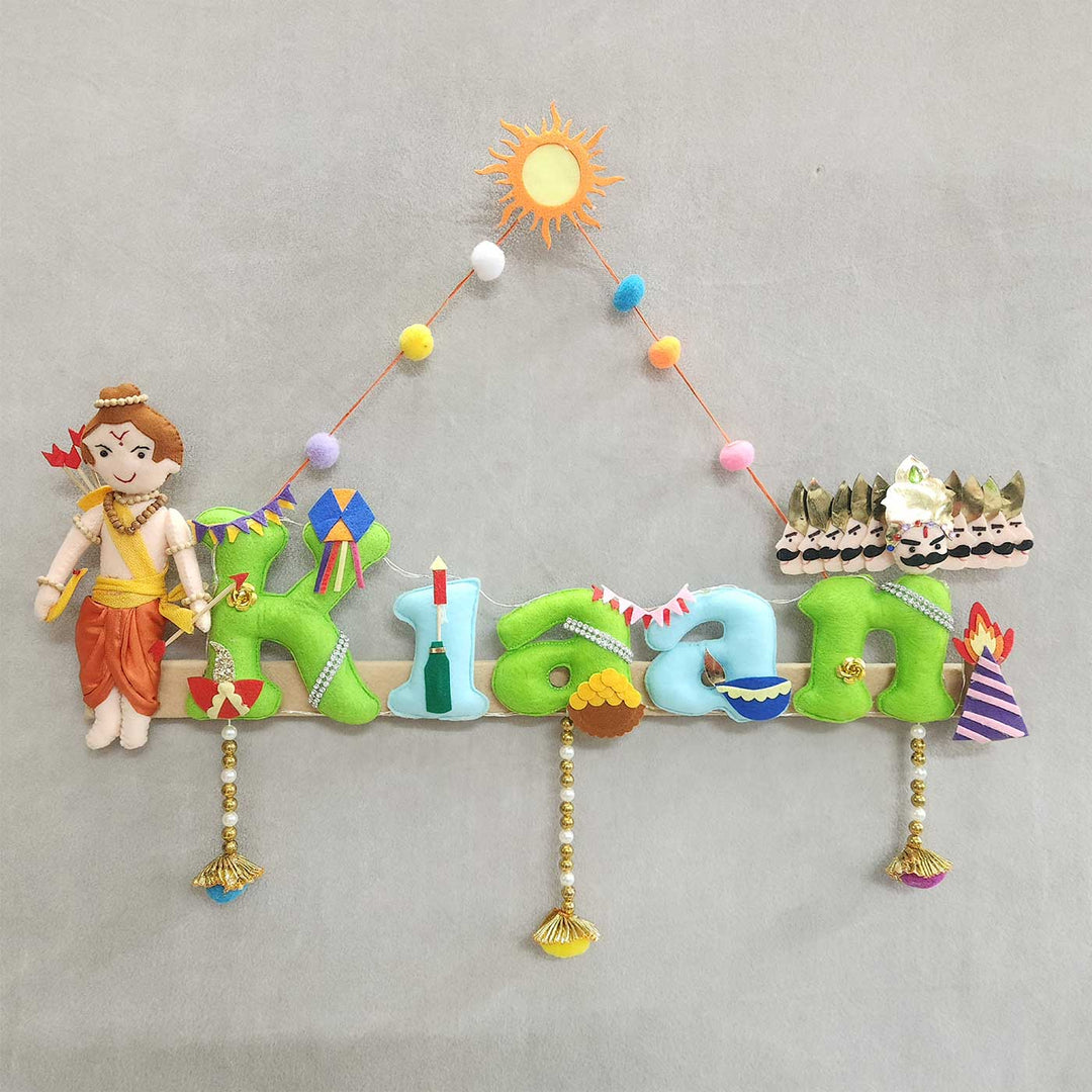 Personalized Shri Ram Ji And Ravan Theme Felt Kids Name Plate - Mounted Hanging Display View
