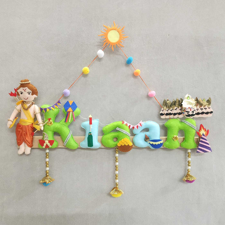 Personalized Shri Ram Ji And Ravan Theme Felt Kids Name Plate - Mounted Hanging Display View