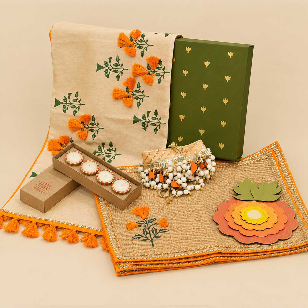 Orange Marigold Diwali Table And Home Décor Gift Hamper For Festive Gifting