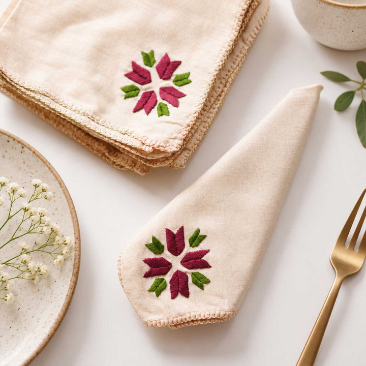 6 Pc | Hand Embroidered Geometric Motif Cotton Napkin For Festive Dining