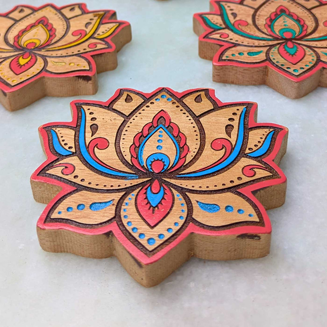 4 pc | Hand-Painted Engraved Mahogany Wood Lotus Kolam Coasters For Coffee Table & Dining Decor