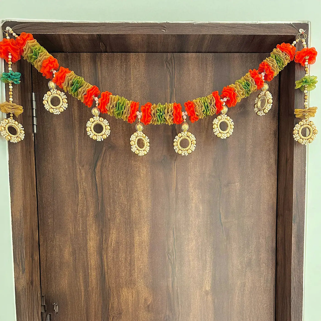 40 / 44 In | Handmade Orange & Green Tissue Flower Toran With Side Hangings