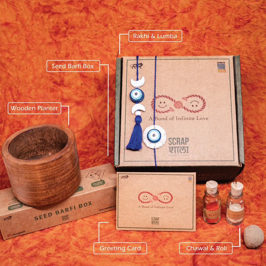 Nazarbattu Plantable Handmade Cork Rakhi Hamper With Roli Chawal 1 - Labeled product components