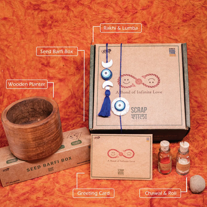 Nazarbattu Plantable Handmade Cork Rakhi Hamper With Roli Chawal 1 - Labeled product components