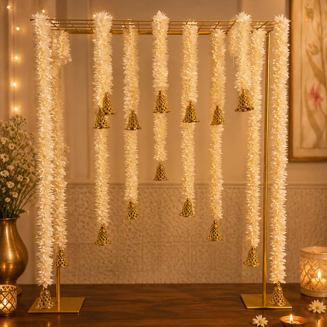White Tassel Pooja Backdrop Decor Kit With Jaali Stand & 12 Hanging Tassels