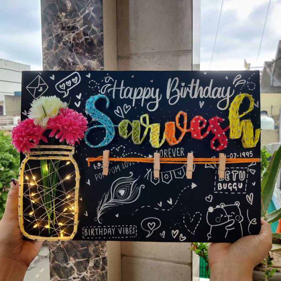Personalized String Art Floral Jar Mdf Wood Name Plate With Lights - Front View with Hands Holding