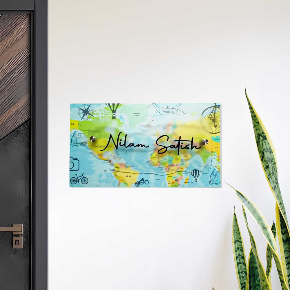 Personalized World Map Theme Acrylic Name Plate - Mounted on Entryway Wall
