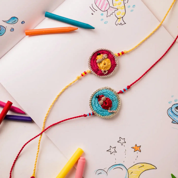 Handmade Crochet Cute Mouse Theme Kids Rakhi With Roli Chawal Set Of 2 - Styled with crayons and drawings