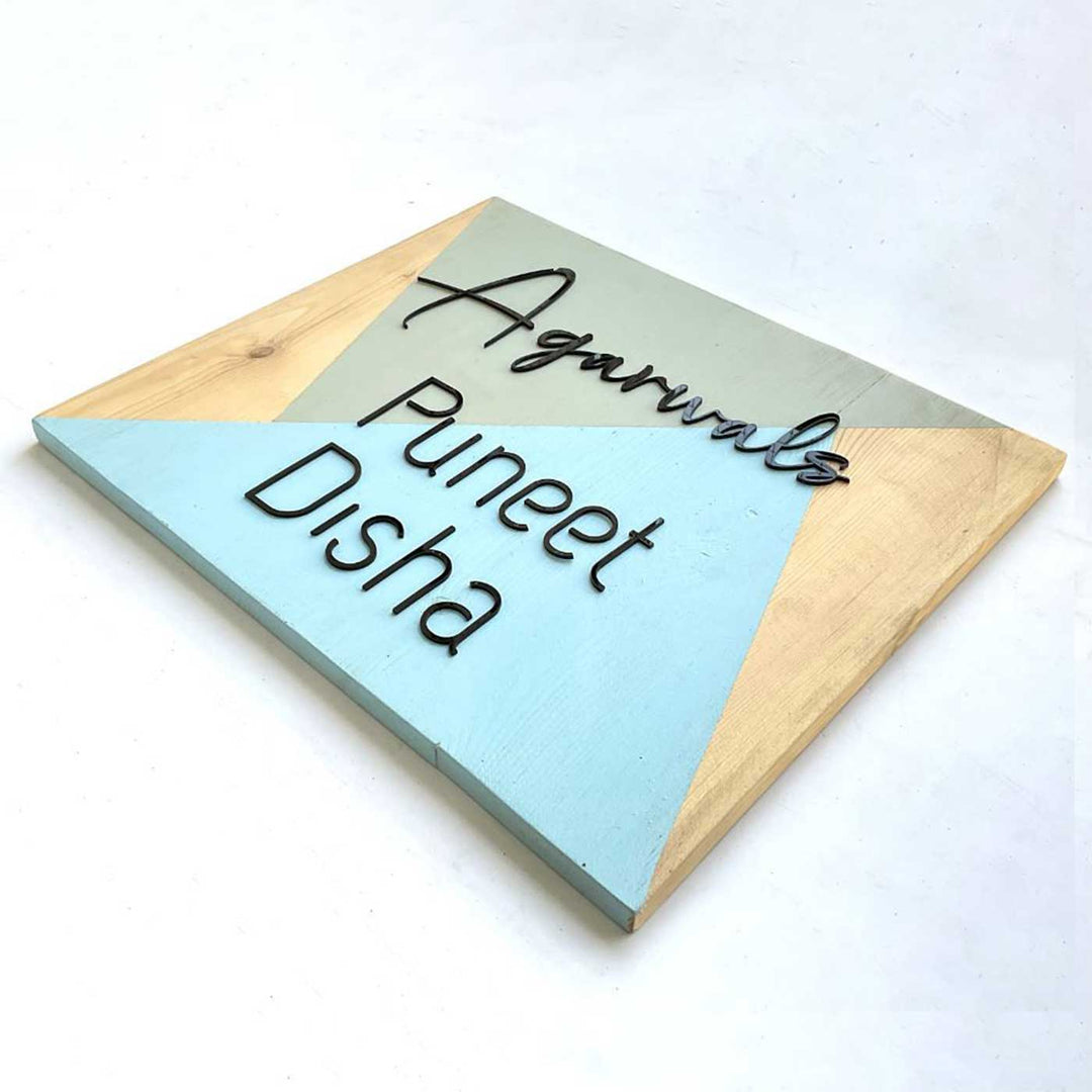 Personalized Minimal Pine Teal Rectangle Pine Wood Name Plate With 3D Letters - Angled Top View Showing Text Placement