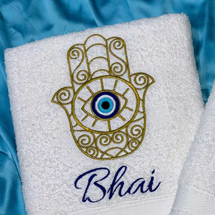 Personalized Embroidered Evil Eye Theme Cotton Bath Towel For Bhaiya And Bhabhi | Set Of 2