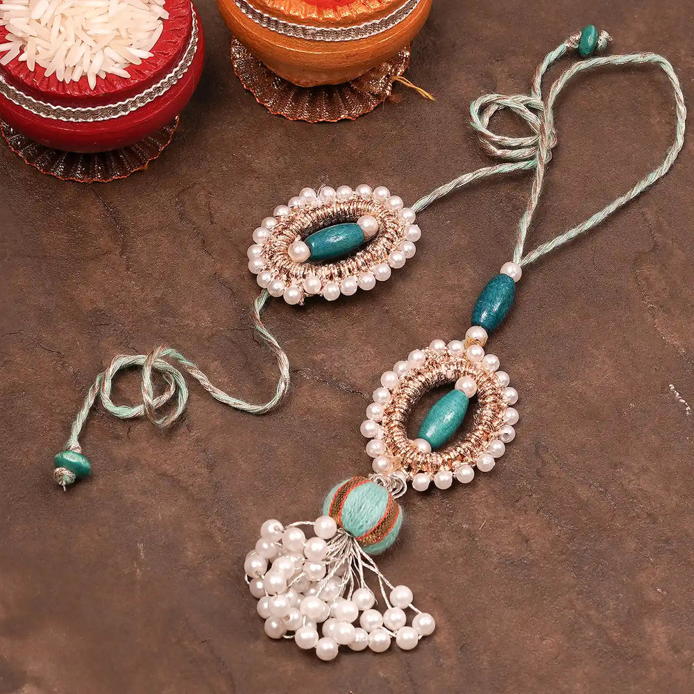 Handmade Beaded Subh Moti Bhaiya Bhabhi Rakhi With Roli Chawal Set Of 2 - Styled with Decorative Bowls