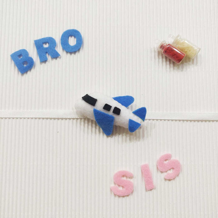 Handmade Plane Theme Felt Kids Rakhi With Roli Chawal - Airplane Clip with "BRO" and "SIS"