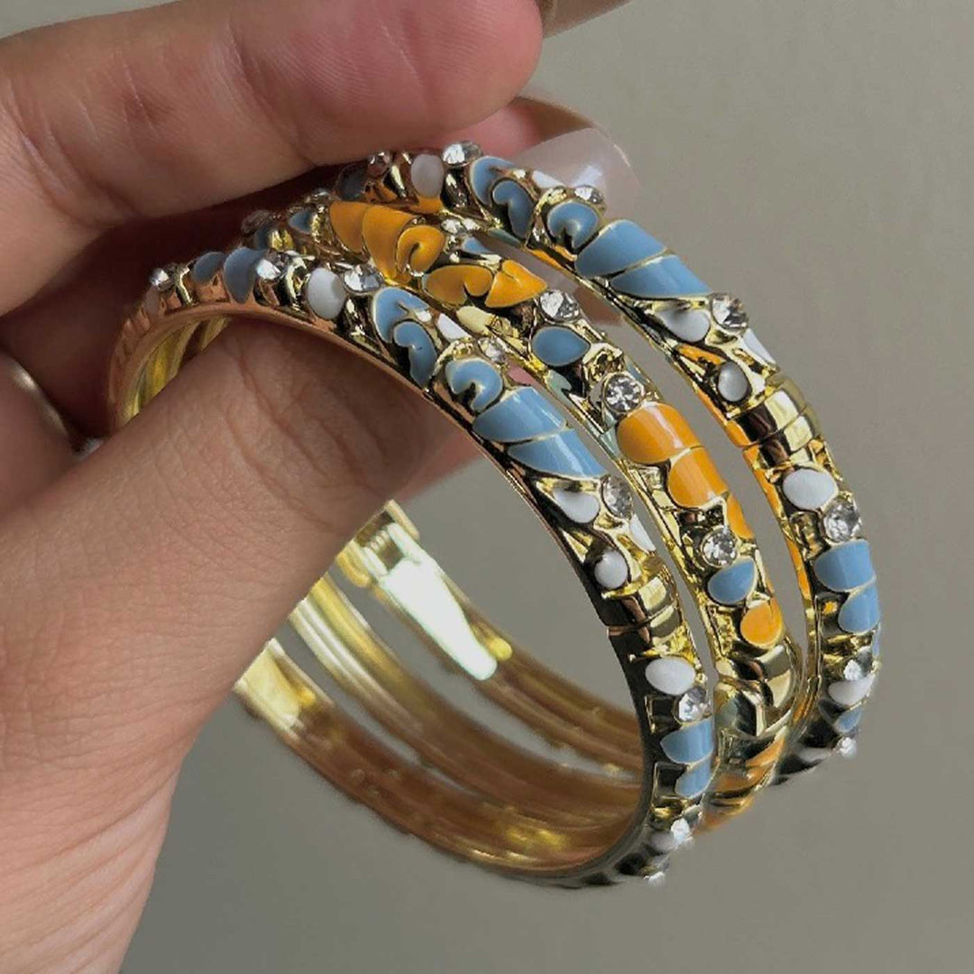 Handcrafted Floral Enamel Crystal Studded 18K Gold Plated Stainless Steel Openable Bangle - Steel Blue