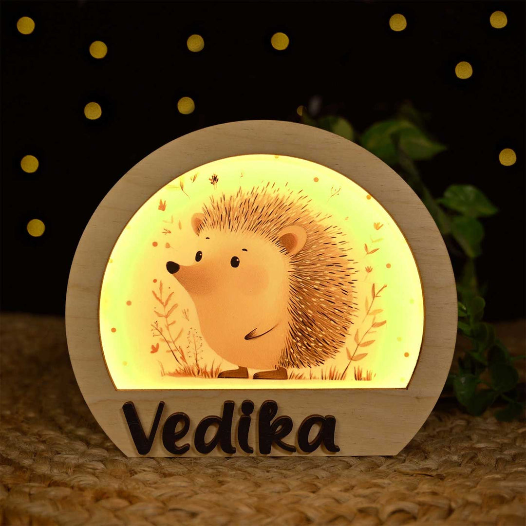 Personalized Hedgehog Theme Wooden Table Lamp For Kids With 3D Letters