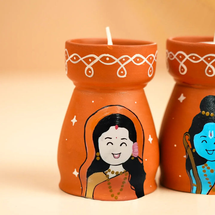 Hand-Painted Ram Sita Terracotta Tealight Holder | Set Of 2