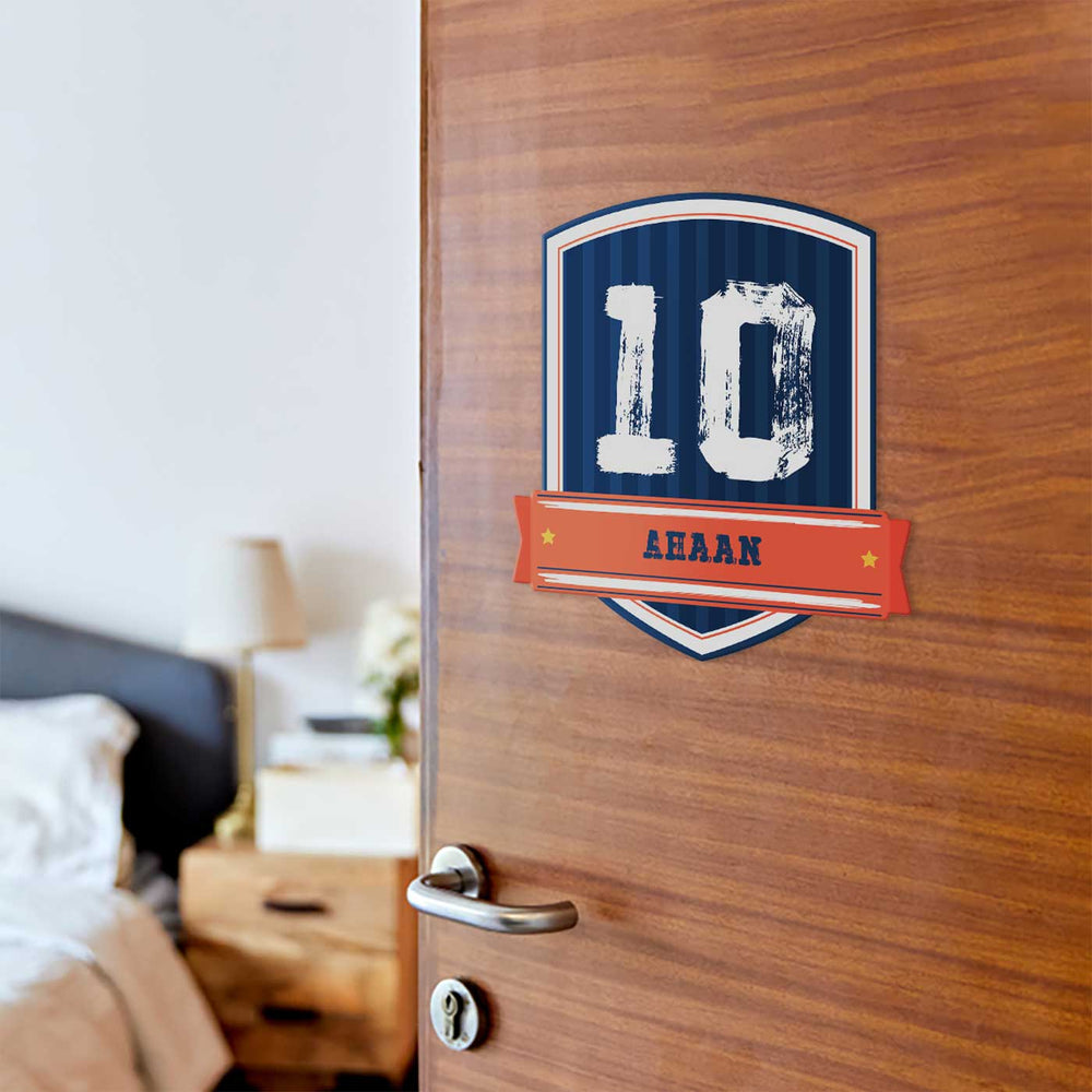 Personalized Jersey Number Theme Acrylic Kids Name Plate - Door Mounted Front View with Name Personalization
