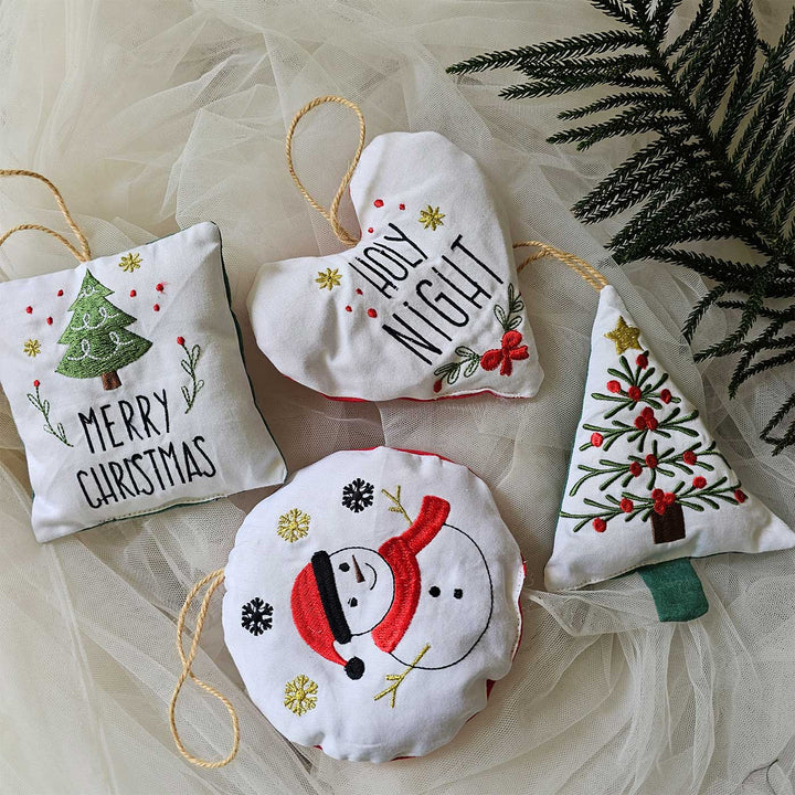 4 Pc | Handmade Cotton Embroidered White Christmas Ornament