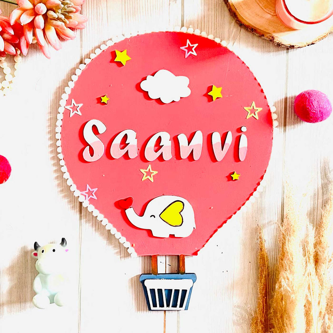 Personalized Hand Painted Hot Air Balloon Mdf Wood Kids Name Plate - Front View with Name Personalization