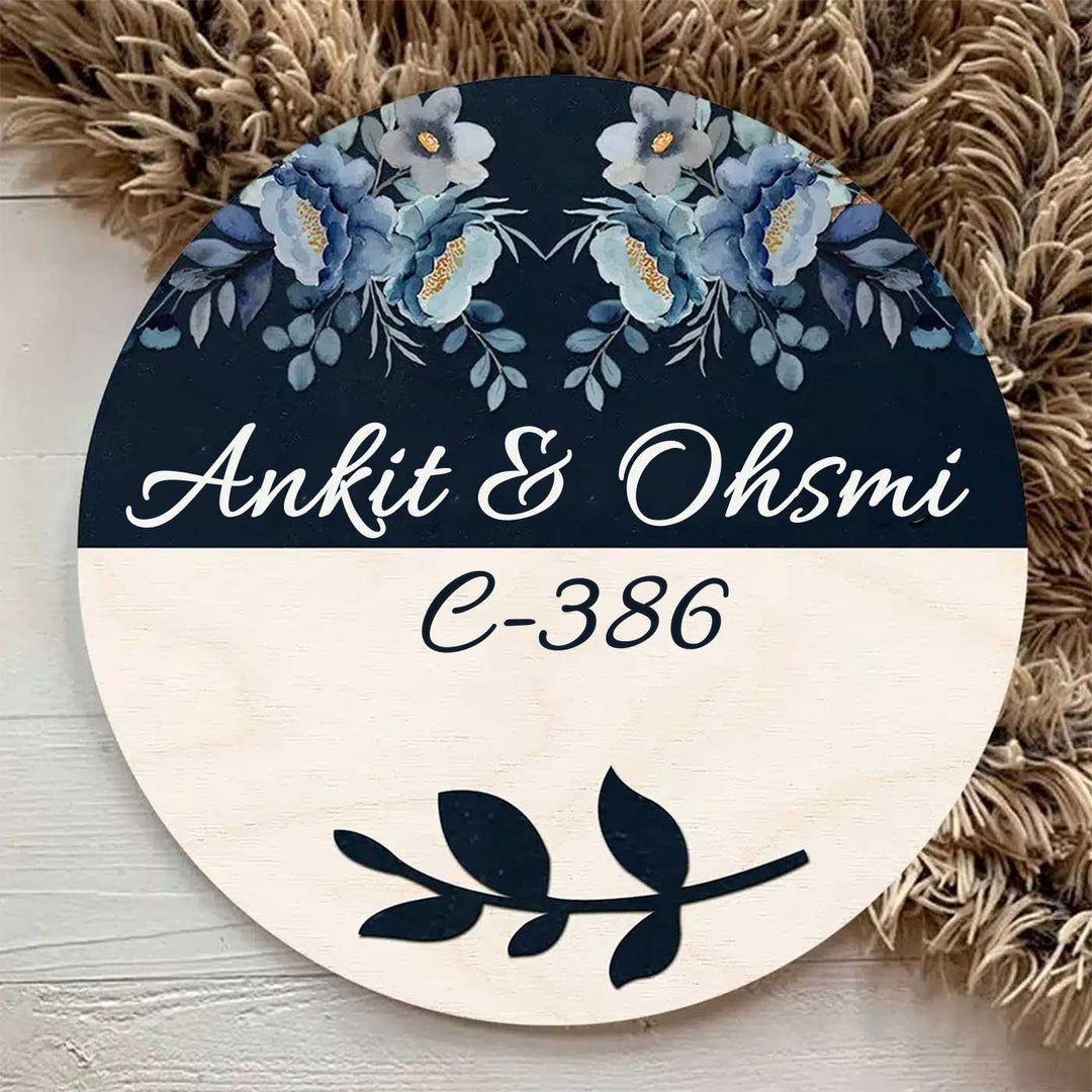 Printed Floral Wooden Round Nameplate For Couples With Bow - Front View on Neutral Background