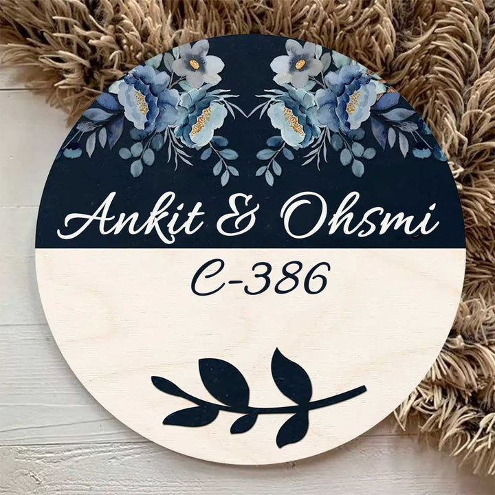Printed Floral Wooden Round Nameplate For Couples With Bow - Front View on Neutral Background