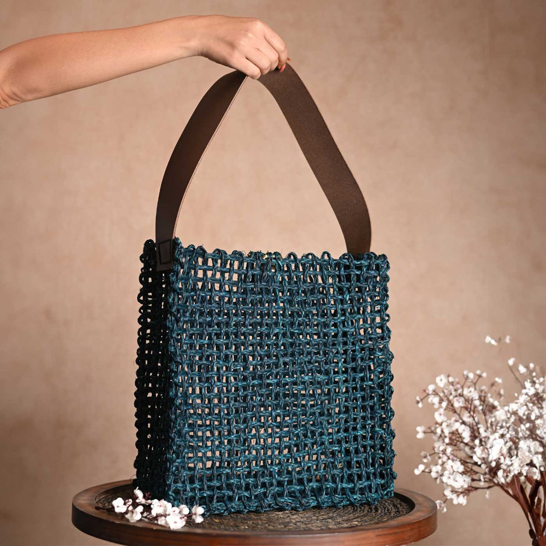 Handmade Grass Woven Box Shaped Leather Strap Indigo Sabai Mesh Tote Bag