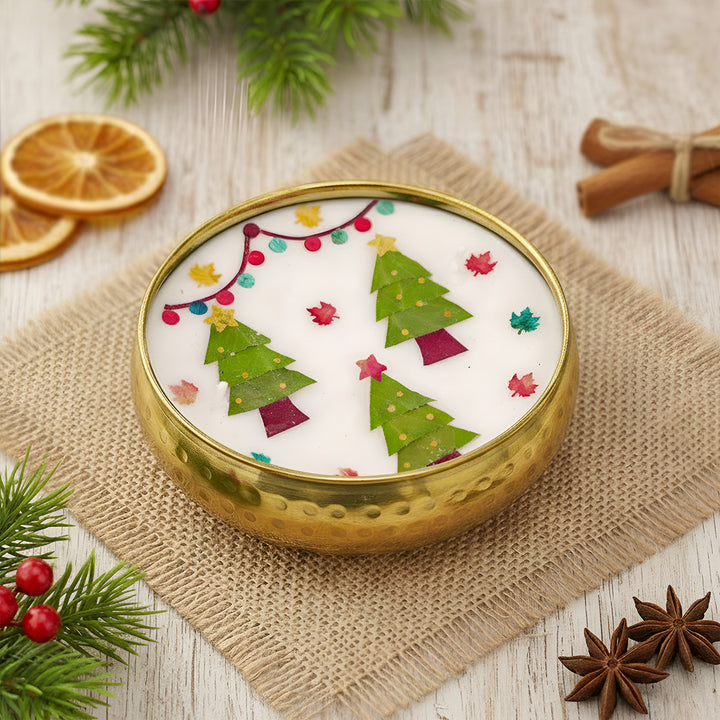 4 Inch | Handmade Pressed Flower Xmas Tree Theme Brass Christmas Candle | Packed in a Gift Box