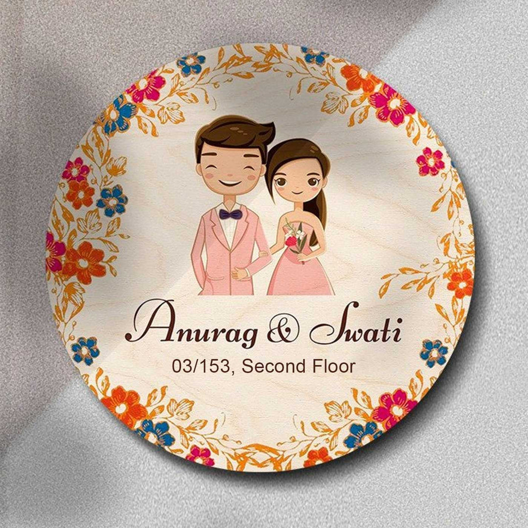 Printed Multicolour Floral Wooden Round Nameplate For Couples - Top View Showing Personalization