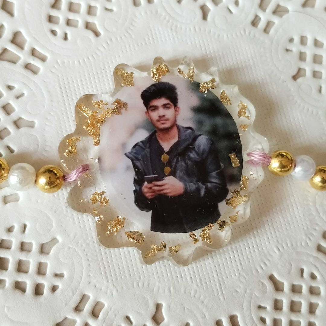 Photo Personalized Flower Shape Resin Rakhi - Side Angle of Printed Charm