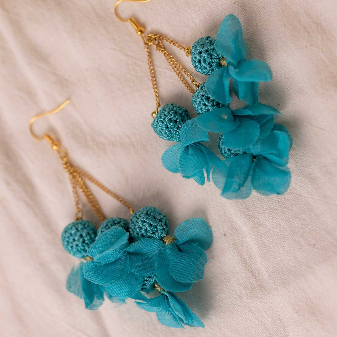 Handmade Crochet Turquoise Floral Viscose Thread Swing Earrings