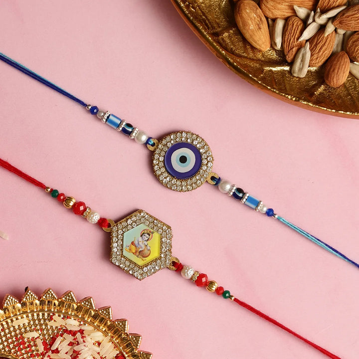 Handmade Krishna & Evil Eye Rakhi With Roli Chawal | Set Of 2