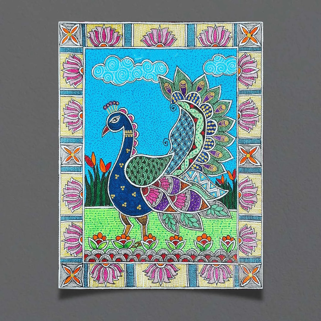 10 x 7 Inch | Dancing Peacock | Original Hand Painted Madhubani Painting On Canvas